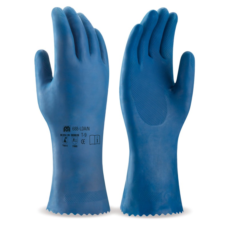 Guante tipo doméstico de látex en color azul para riesgos químicos y microorganismos.