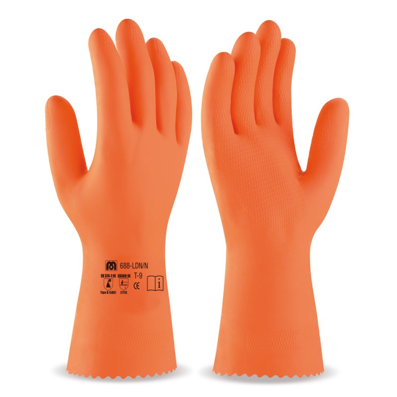 Guante tipo industrial de látex en color naranja para riesgos mecánicos, químicos y microorganismos.