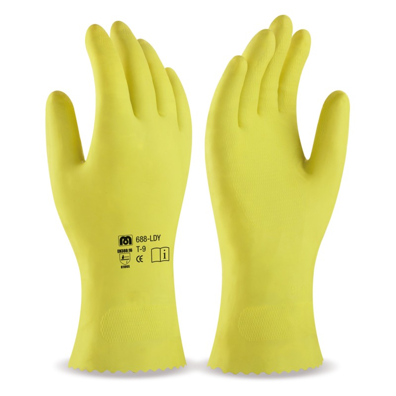 Guante tipo doméstico de látex en color amarillo para riesgos mecánicos superficiales.