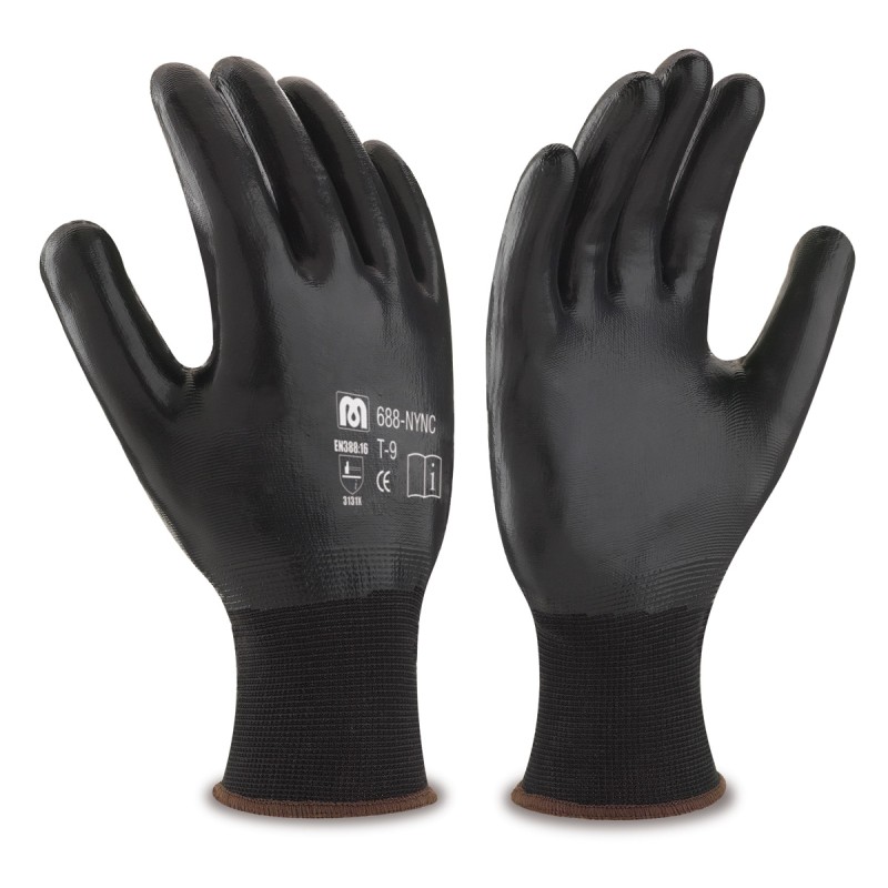Guante de poliéster color negro con recubrimiento de nitrilo en color negro en palma, dedos y dorso.