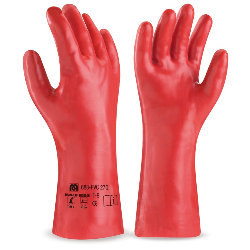 Guante de PVC estanco de 27 cm. en color rojo para riesgos mecánicos, químicos y microorganismos.