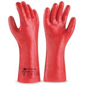 Guante largo de PVC estanco de 35 cm. en color rojo para riesgos mecánicos, químicos y microorganismos.
